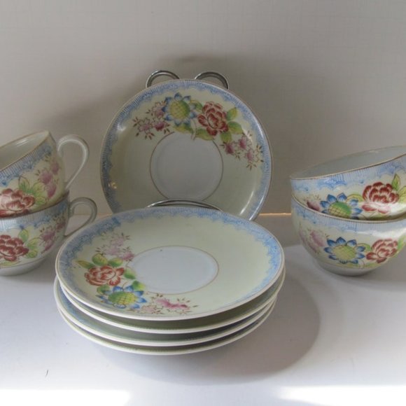 Hand Painted Pastel Floral Tea Cup Set Service for 4 Tea Cup